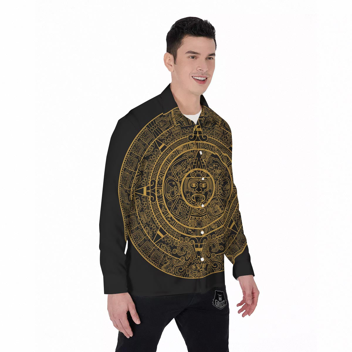 Calendar Tribal Maya Print Men's Long Sleeve Shirts-grizzshop