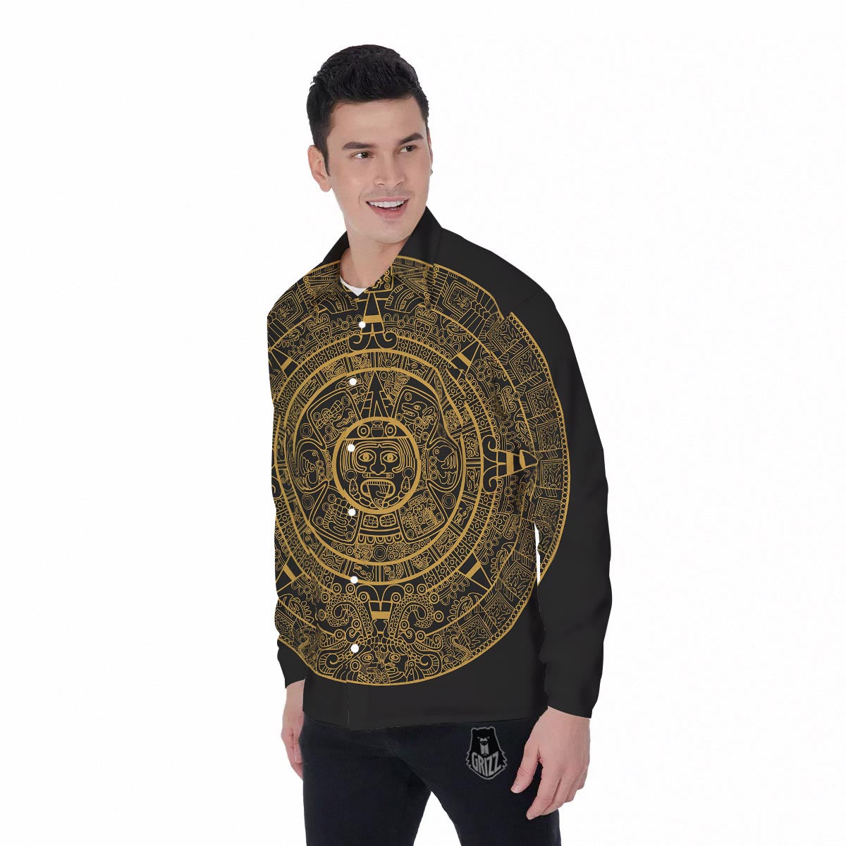 Calendar Tribal Maya Print Men's Long Sleeve Shirts-grizzshop