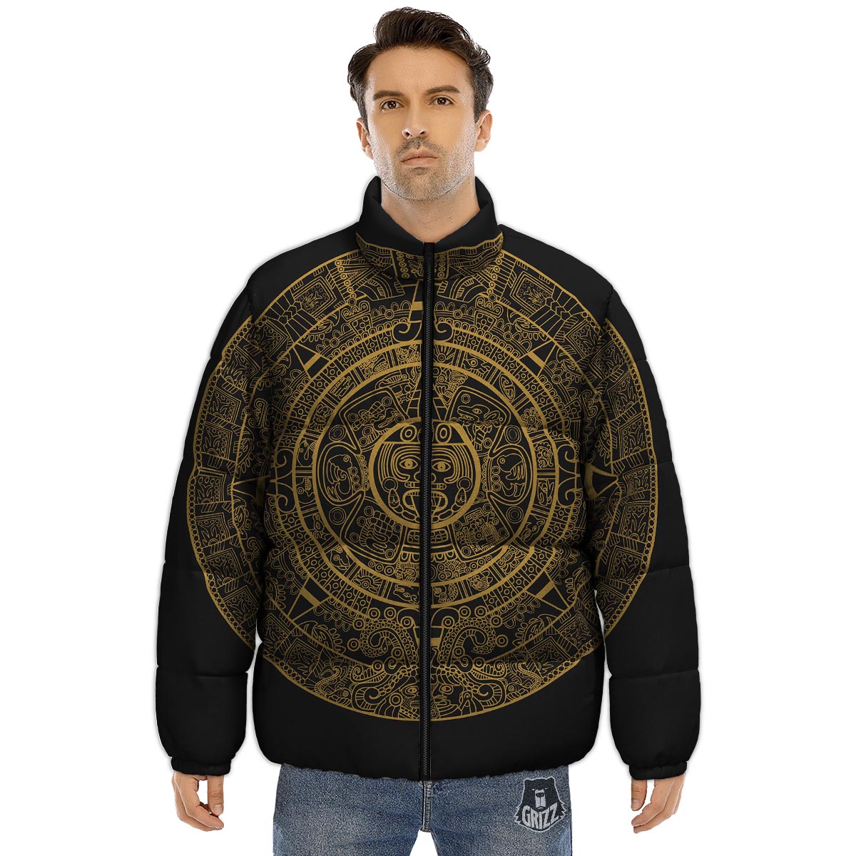 Calendar Tribal Maya Print Puffer Jacket-grizzshop