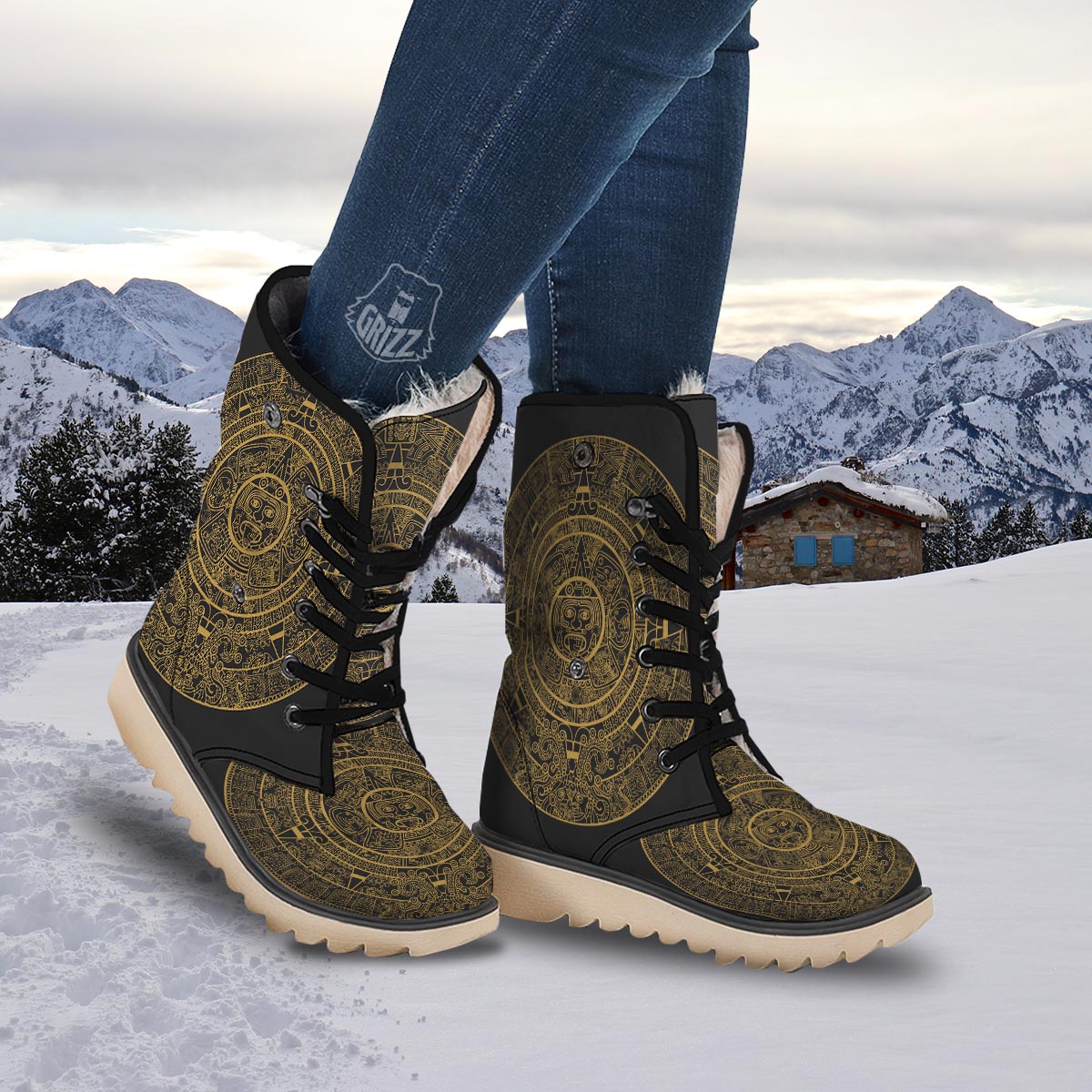 Calendar Tribal Maya Print Snow Boots-grizzshop
