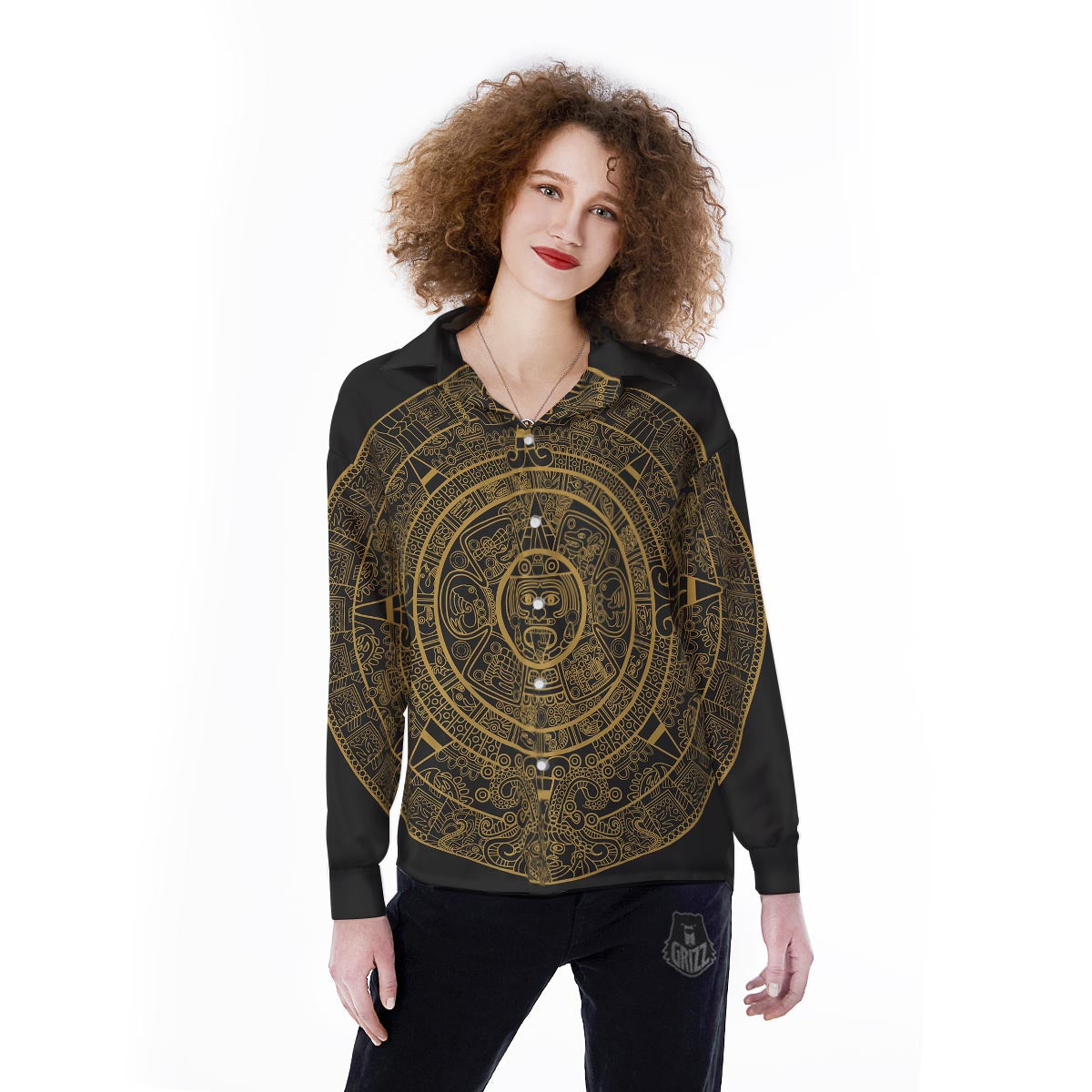 Calendar Tribal Maya Print Women's Long Sleeve Shirts-grizzshop