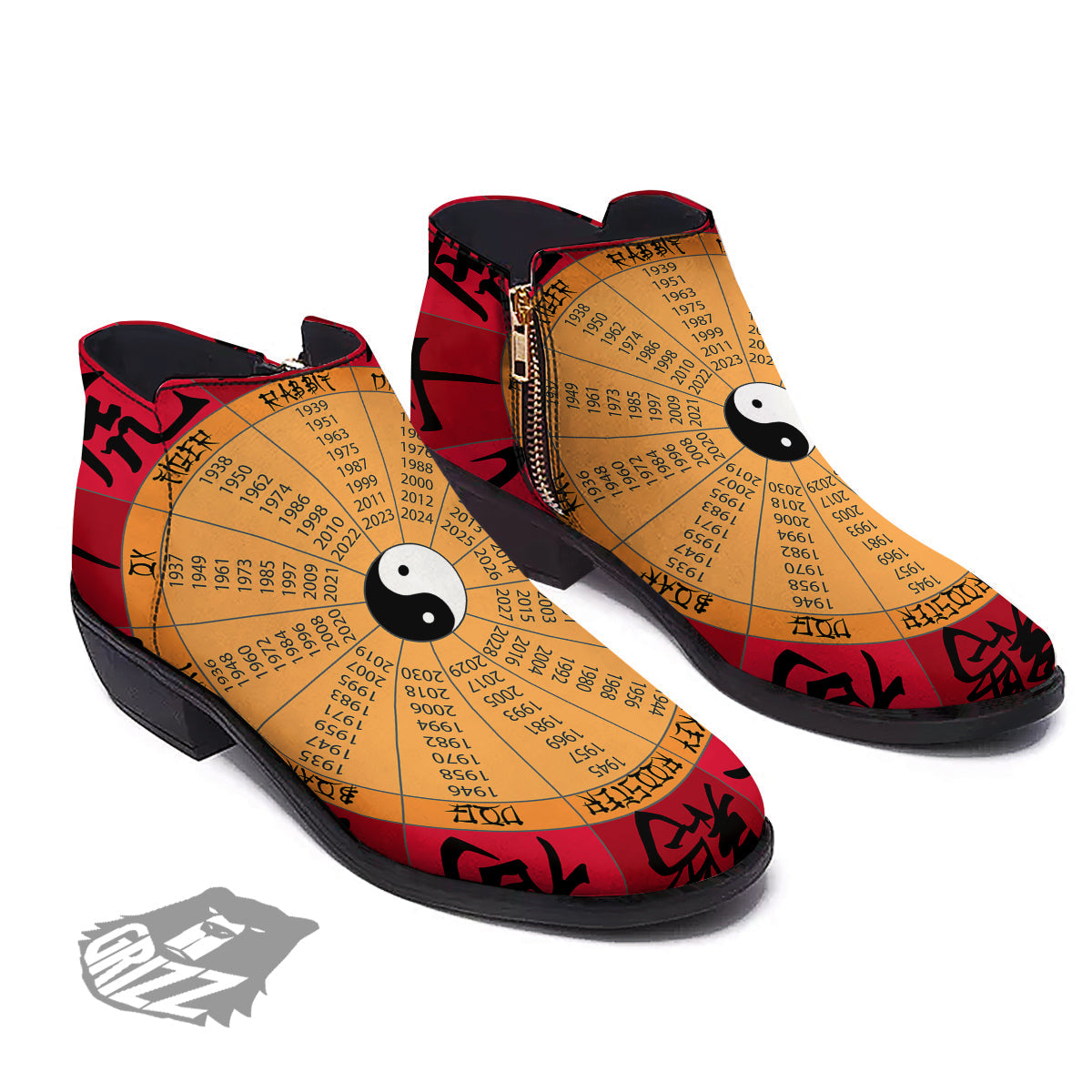 Calendar Wheel Chinese Zodiac Print Ankle Boots-grizzshop