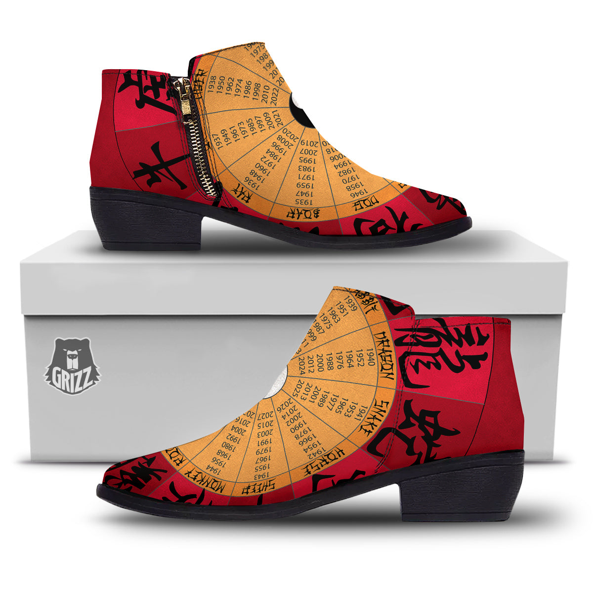 Calendar Wheel Chinese Zodiac Print Ankle Boots-grizzshop