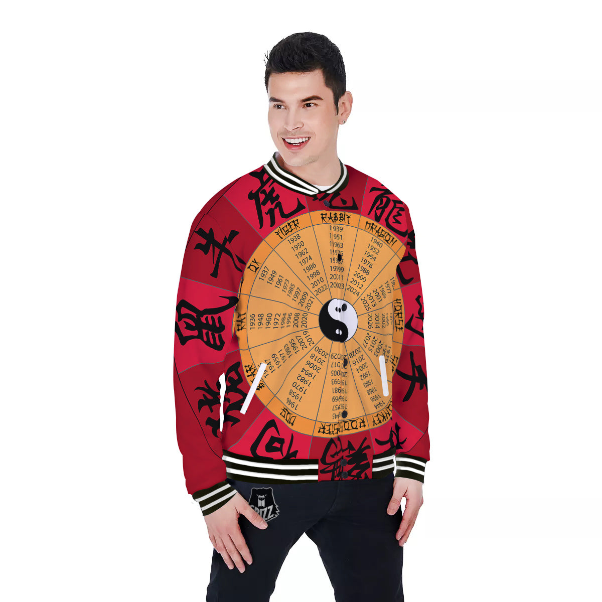 Calendar Wheel Chinese Zodiac Print Baseball Jacket-grizzshop
