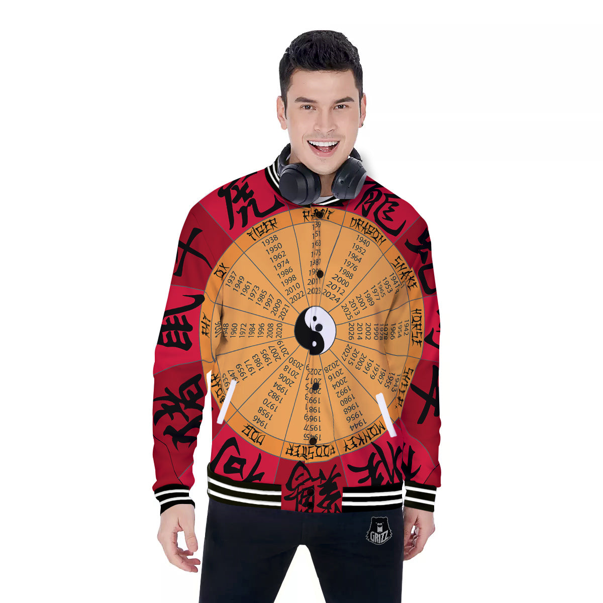 Calendar Wheel Chinese Zodiac Print Baseball Jacket-grizzshop