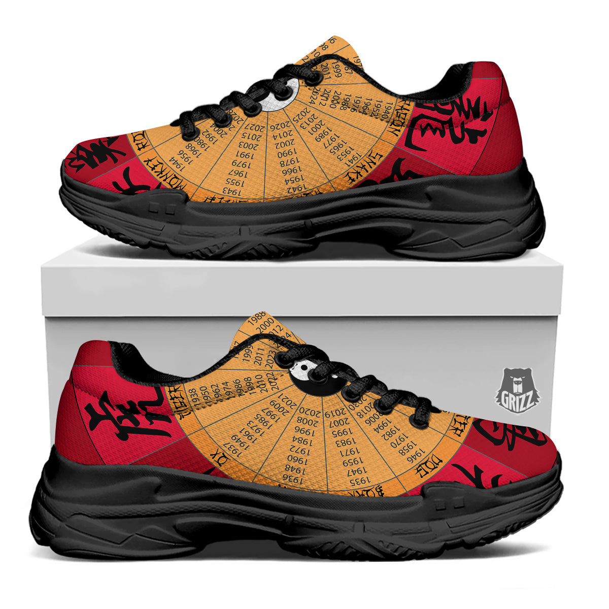 Calendar Wheel Chinese Zodiac Print Black Chunky Shoes-grizzshop
