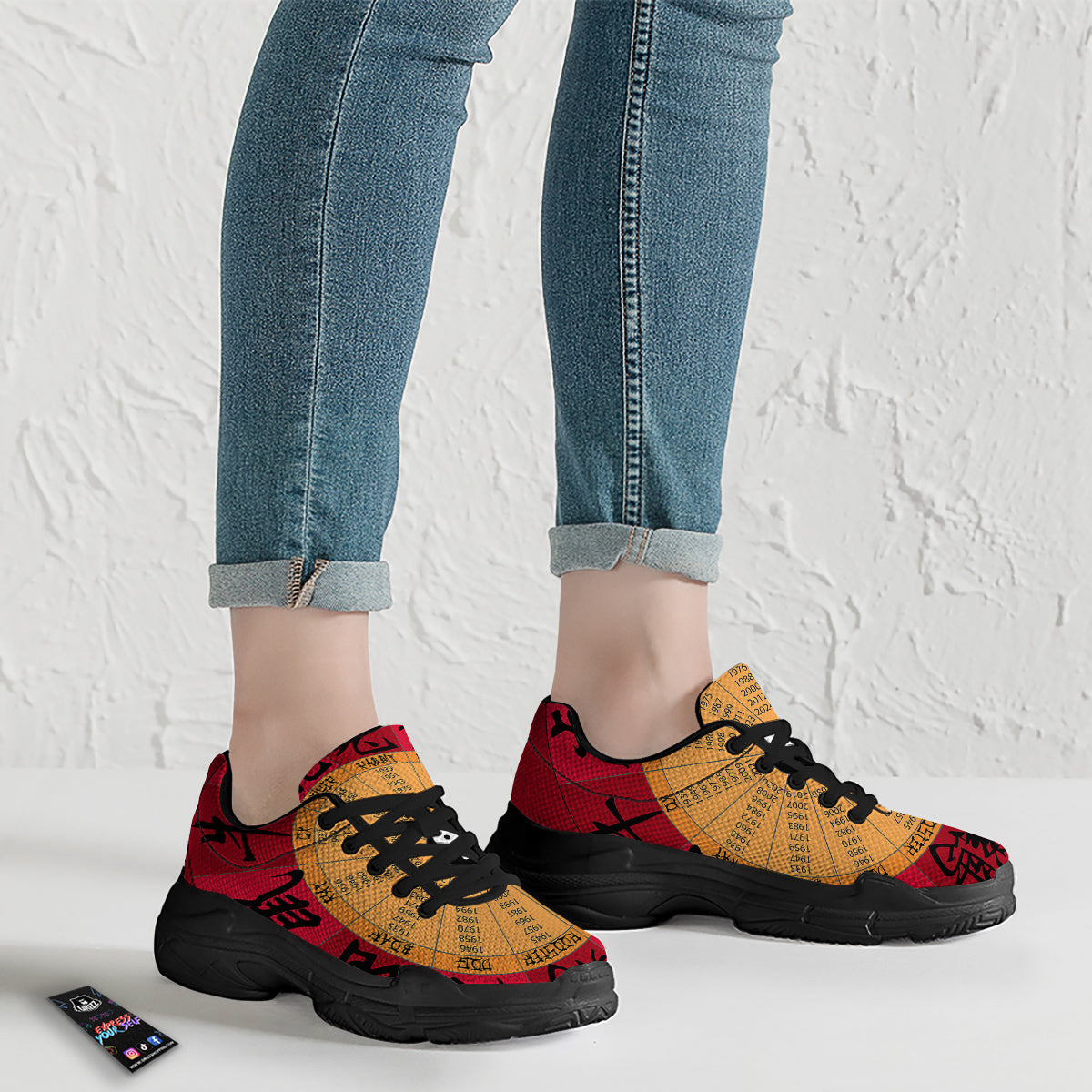 Calendar Wheel Chinese Zodiac Print Black Chunky Shoes-grizzshop