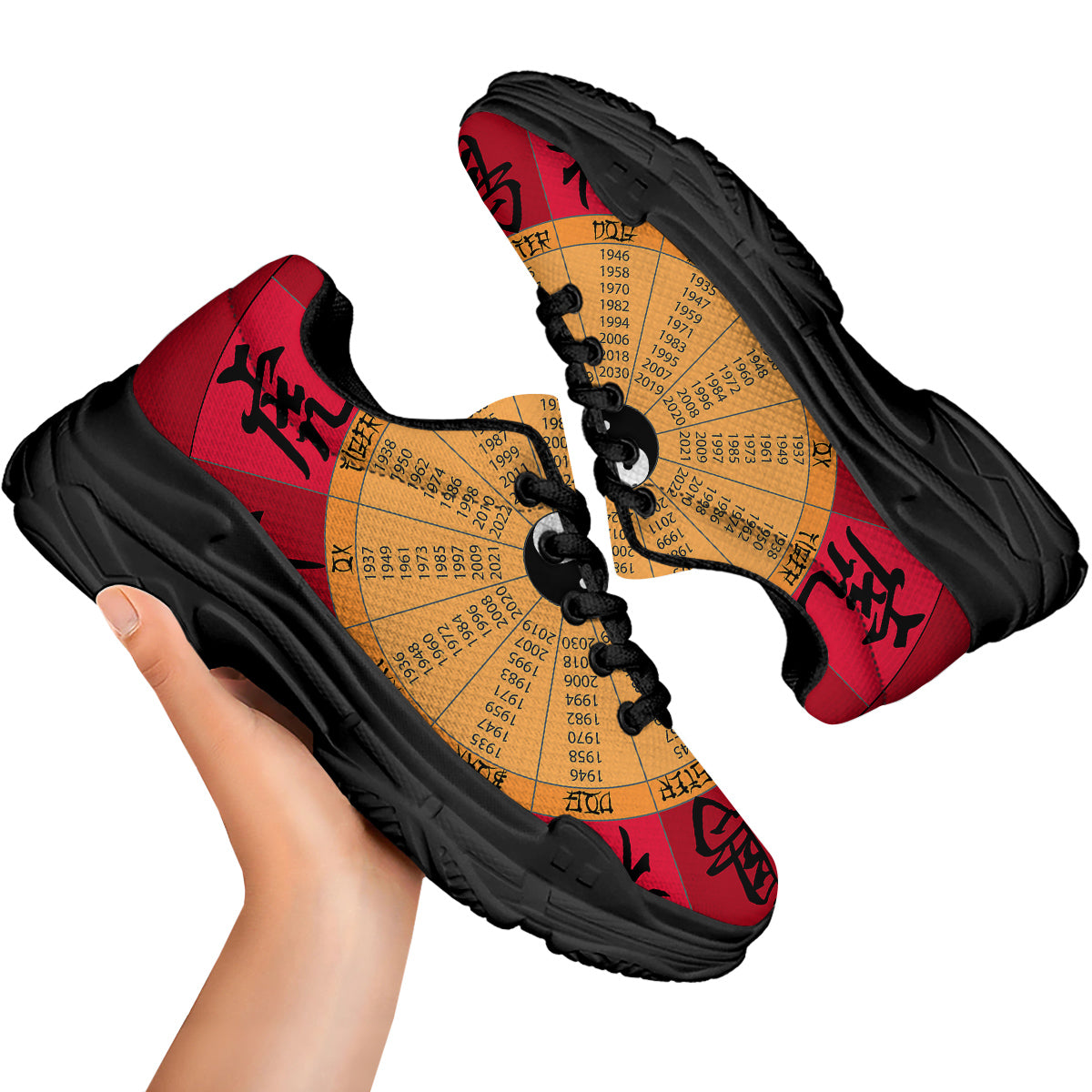 Calendar Wheel Chinese Zodiac Print Black Chunky Shoes-grizzshop
