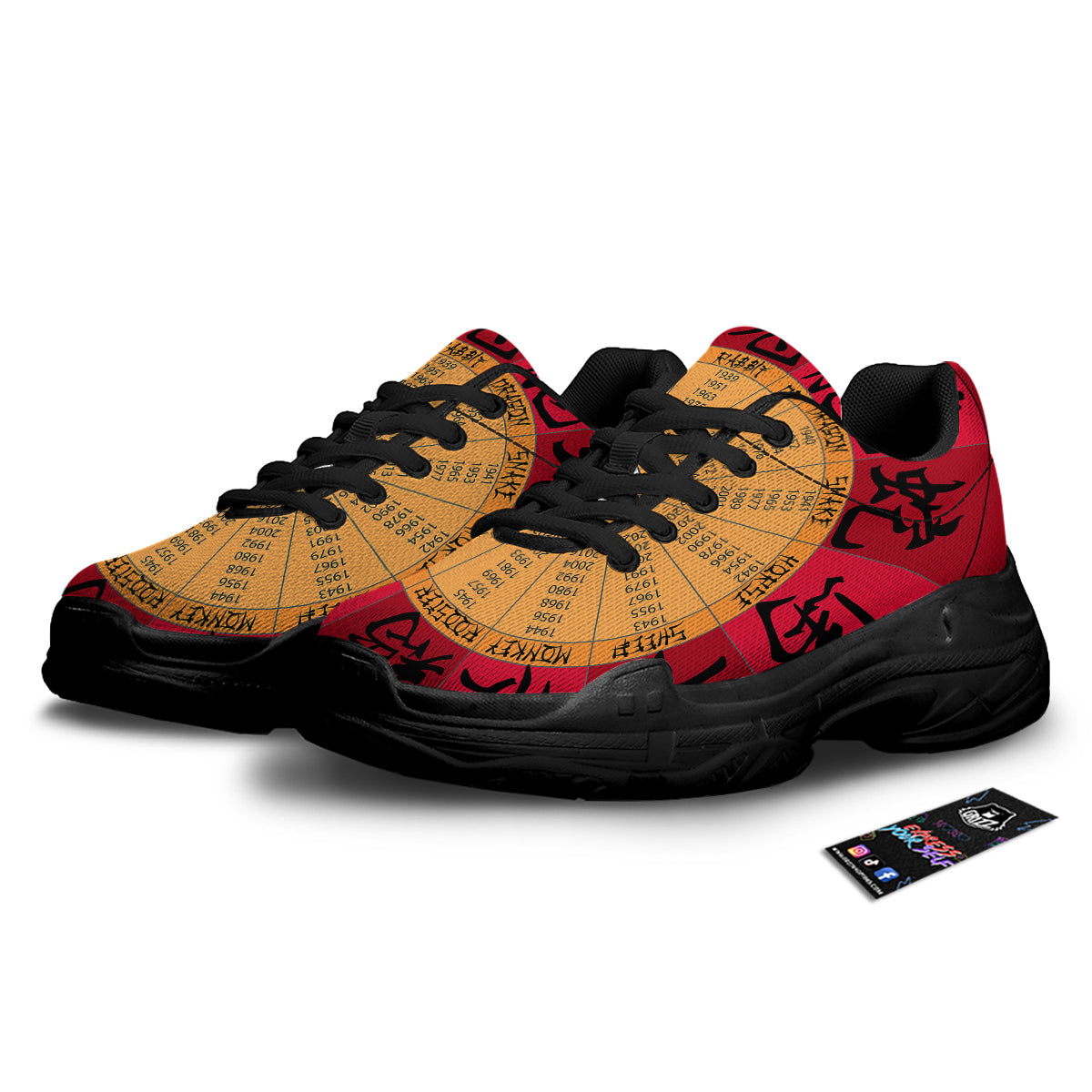 Calendar Wheel Chinese Zodiac Print Black Chunky Shoes-grizzshop