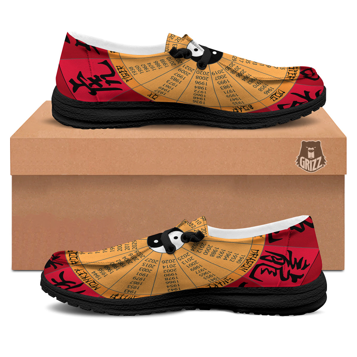 Calendar Wheel Chinese Zodiac Print Black Loafers-grizzshop
