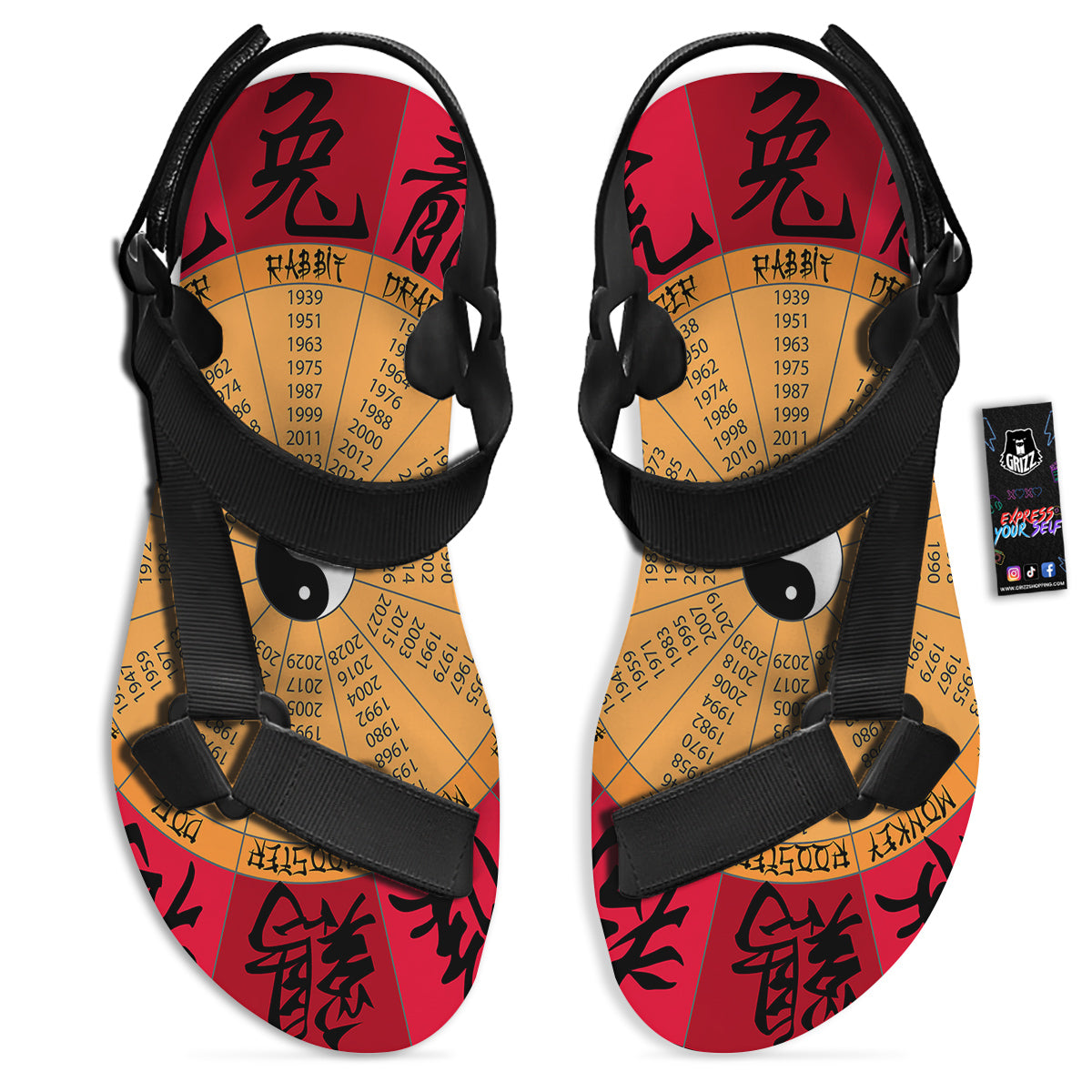 Calendar Wheel Chinese Zodiac Print Black Open Toe Sandals-grizzshop