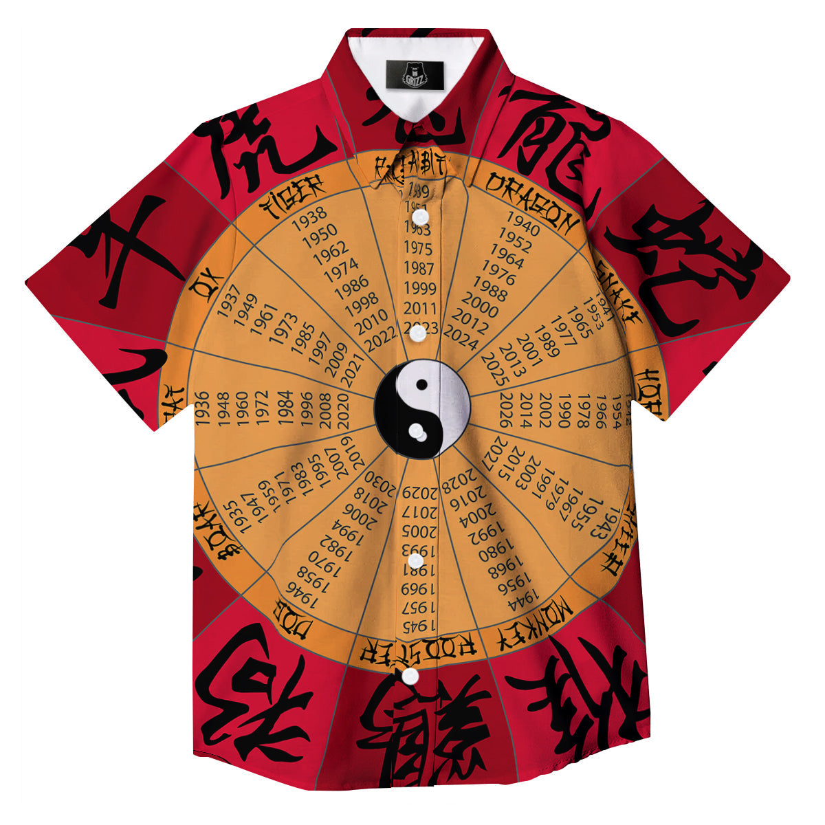 Calendar Wheel Chinese Zodiac Print Button Up Shirt-grizzshop
