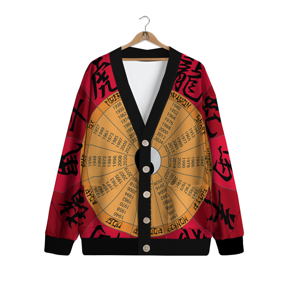 Calendar Wheel Chinese Zodiac Print Cardigan-grizzshop