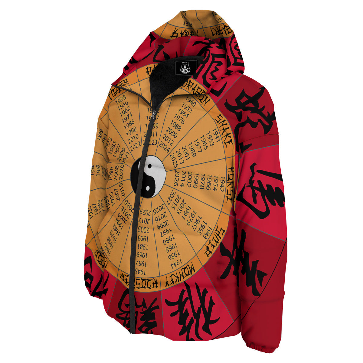 Calendar Wheel Chinese Zodiac Print Down Jacket-grizzshop