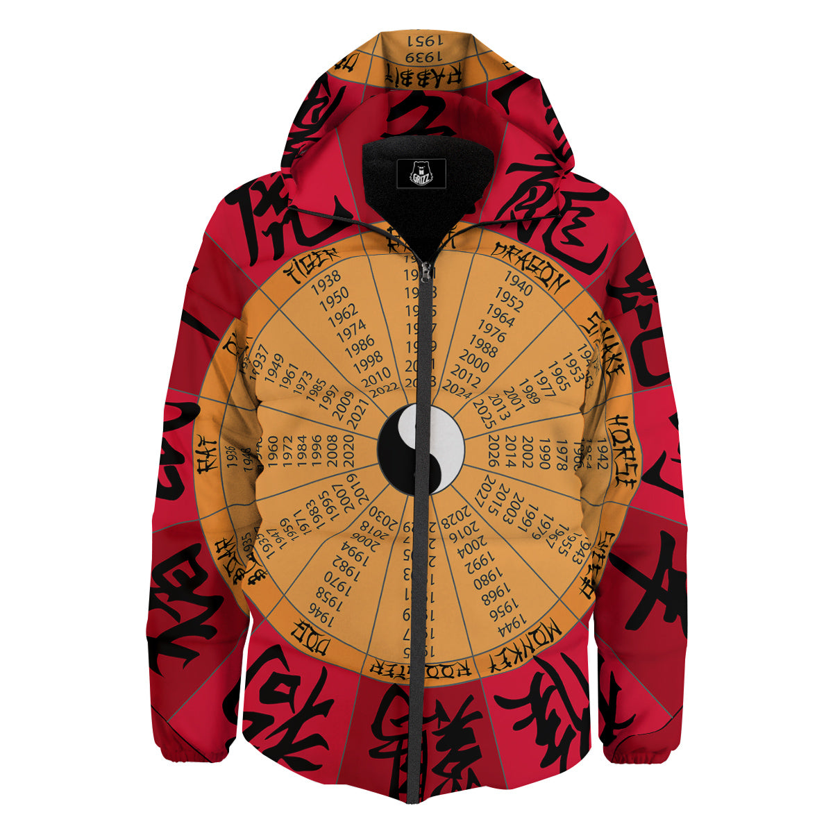 Calendar Wheel Chinese Zodiac Print Down Jacket-grizzshop