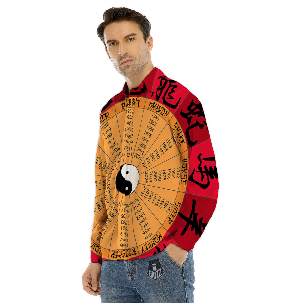 Calendar Wheel Chinese Zodiac Print Men's Dress Shirts-grizzshop