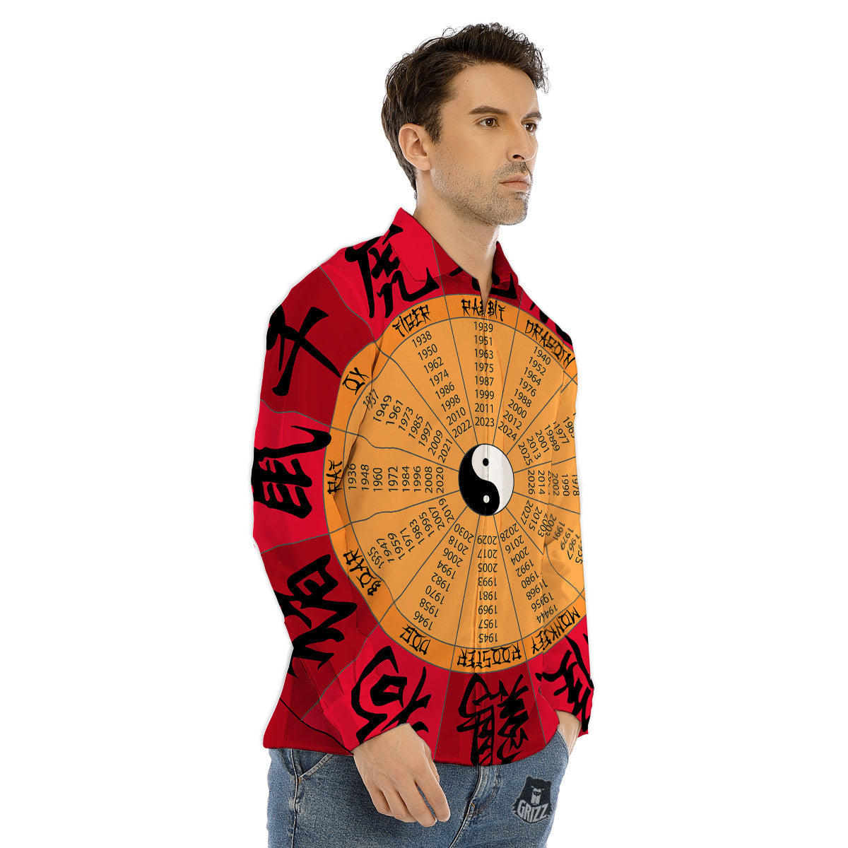 Calendar Wheel Chinese Zodiac Print Men's Dress Shirts-grizzshop