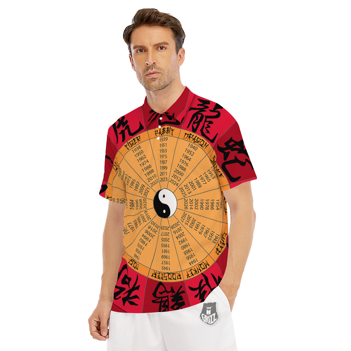 Calendar Wheel Chinese Zodiac Print Men's Golf Shirts-grizzshop