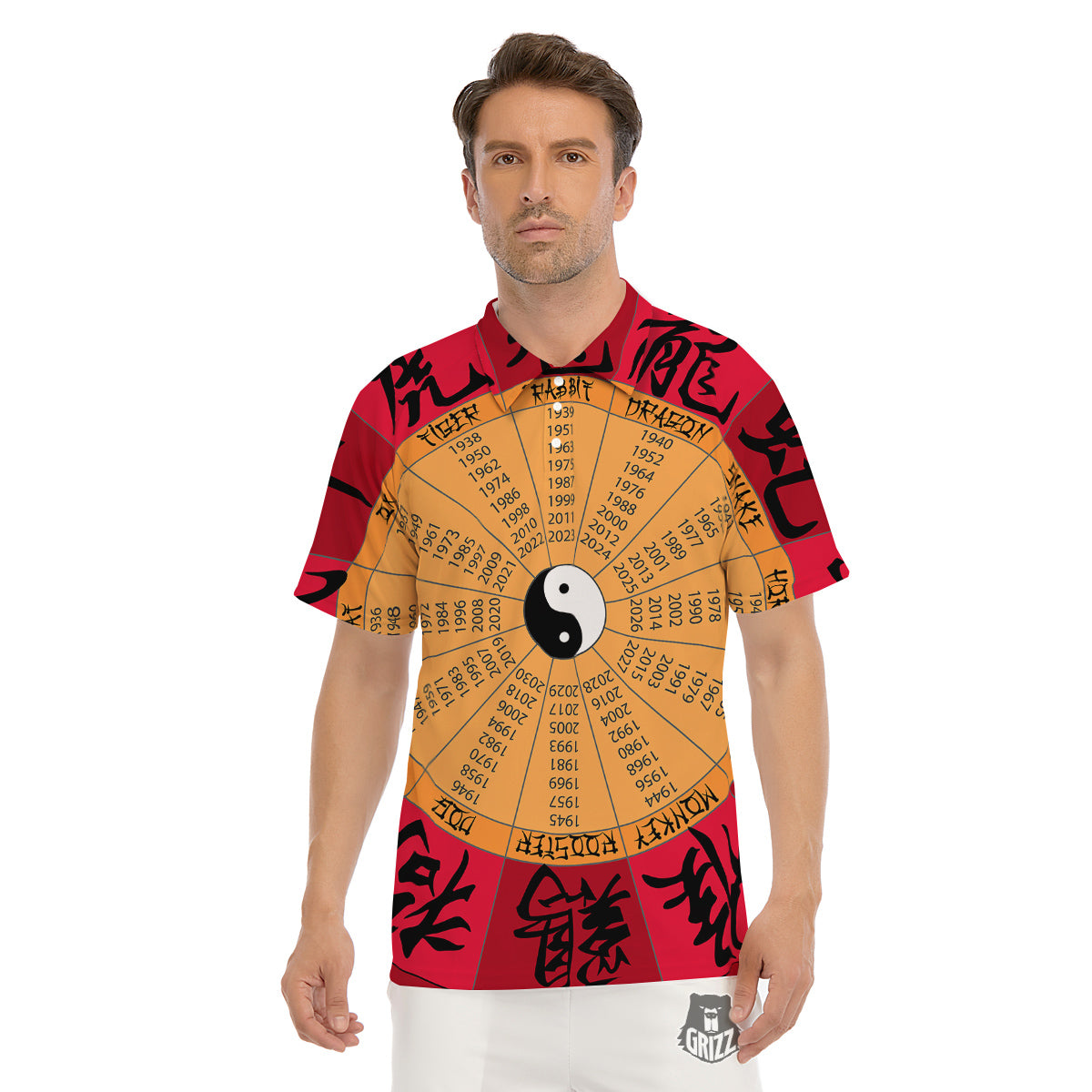 Calendar Wheel Chinese Zodiac Print Men's Golf Shirts-grizzshop