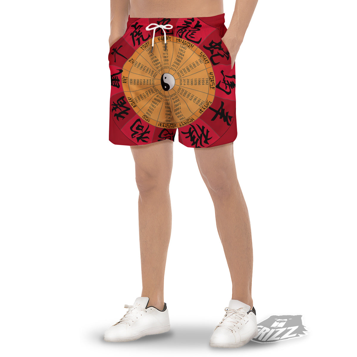 Calendar Wheel Chinese Zodiac Print Men's Gym Shorts-grizzshop