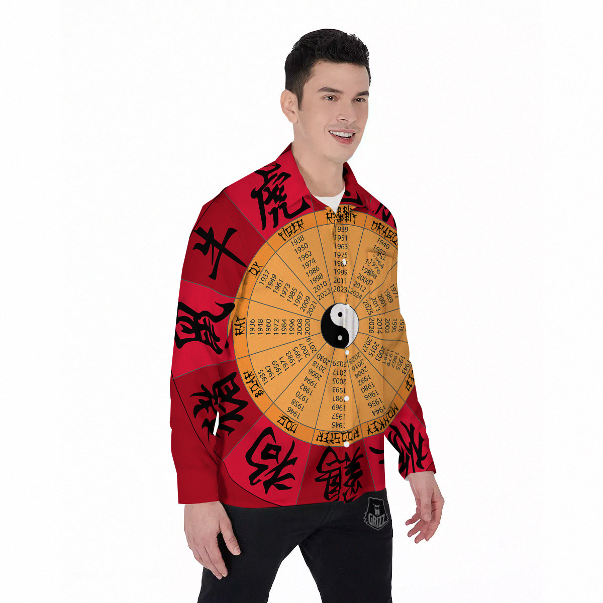 Calendar Wheel Chinese Zodiac Print Men's Long Sleeve Shirts-grizzshop