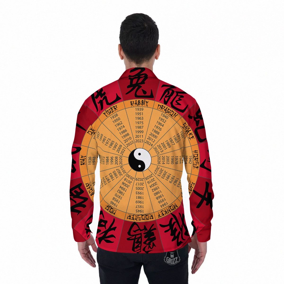 Calendar Wheel Chinese Zodiac Print Men's Long Sleeve Shirts-grizzshop
