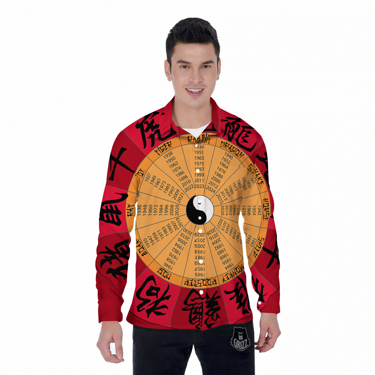 Calendar Wheel Chinese Zodiac Print Men's Long Sleeve Shirts-grizzshop