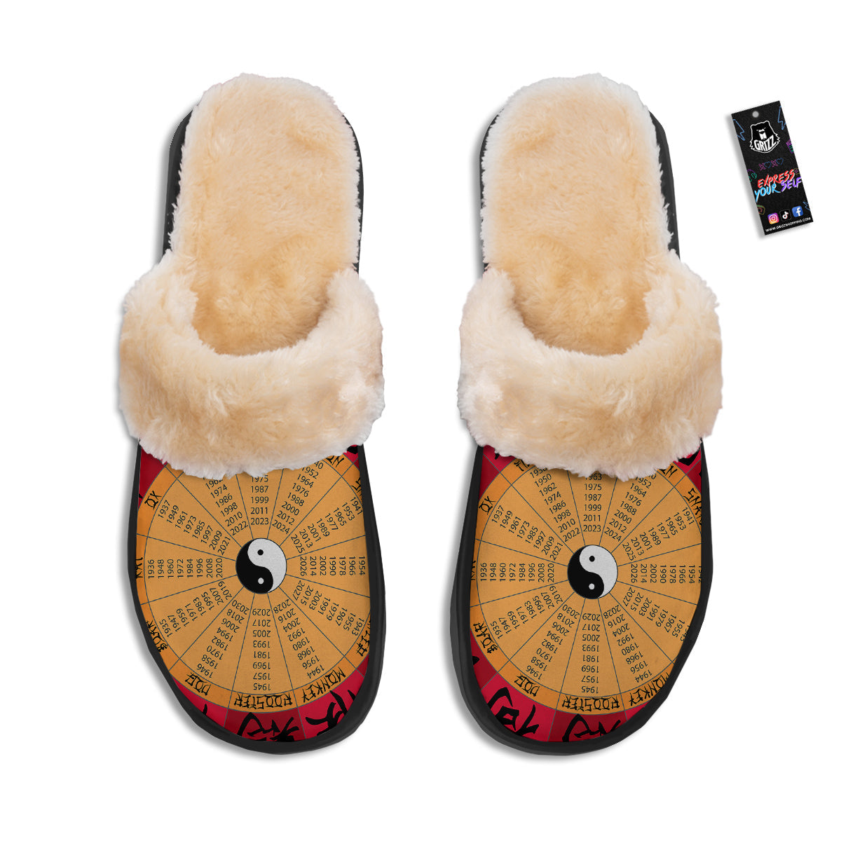Calendar Wheel Chinese Zodiac Print Slippers-grizzshop