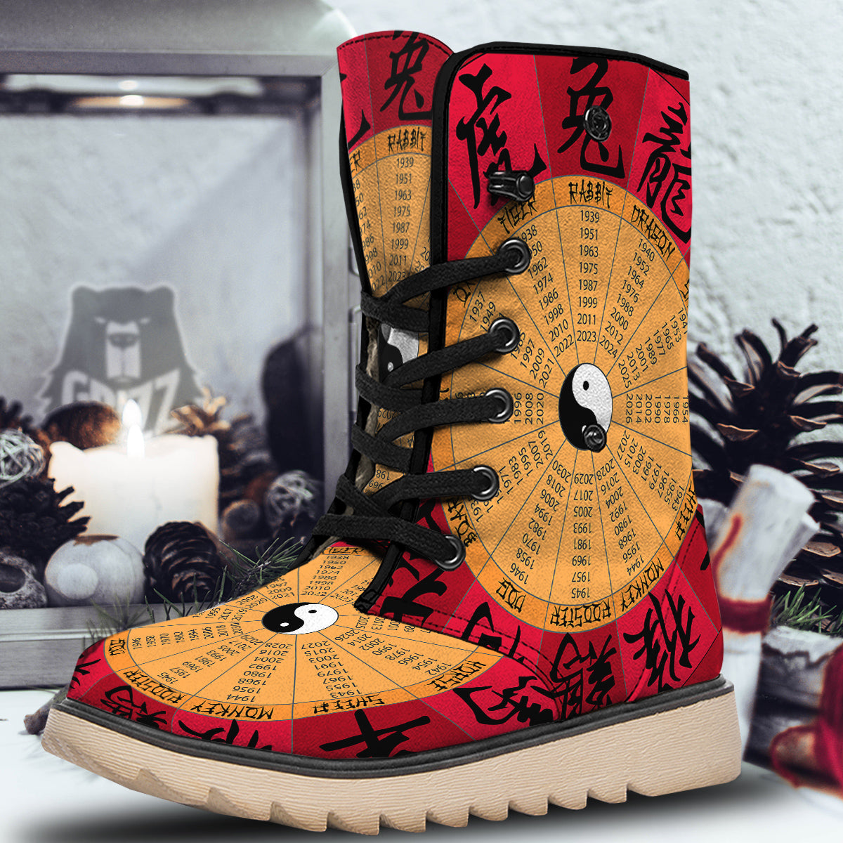 Calendar Wheel Chinese Zodiac Print Snow Boots-grizzshop