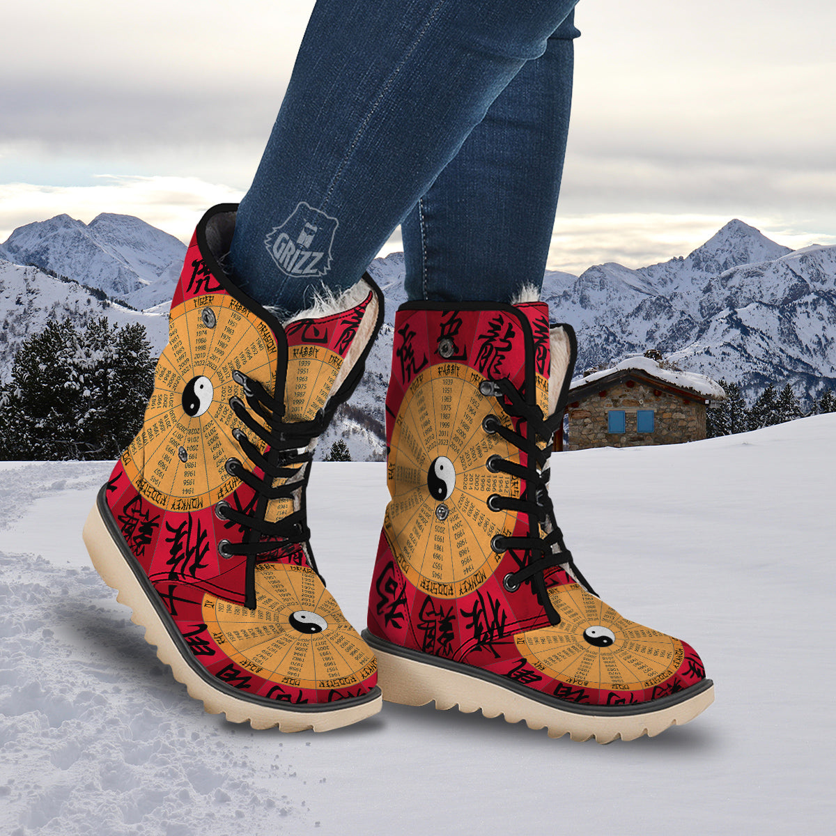 Calendar Wheel Chinese Zodiac Print Snow Boots-grizzshop