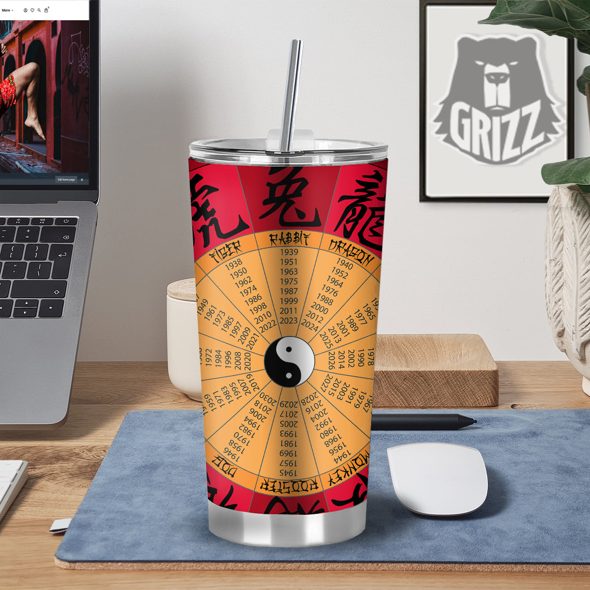 Calendar Wheel Chinese Zodiac Print Tumbler-grizzshop