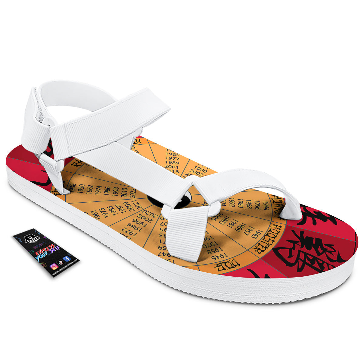 Calendar Wheel Chinese Zodiac Print White Open Toe Sandals-grizzshop