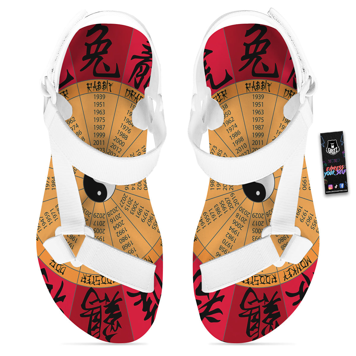 Calendar Wheel Chinese Zodiac Print White Open Toe Sandals-grizzshop