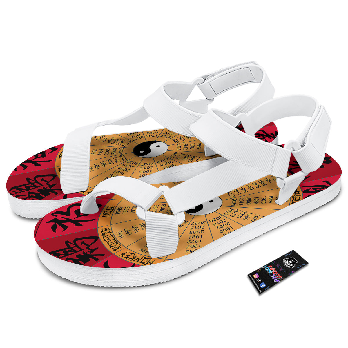 Calendar Wheel Chinese Zodiac Print White Open Toe Sandals-grizzshop