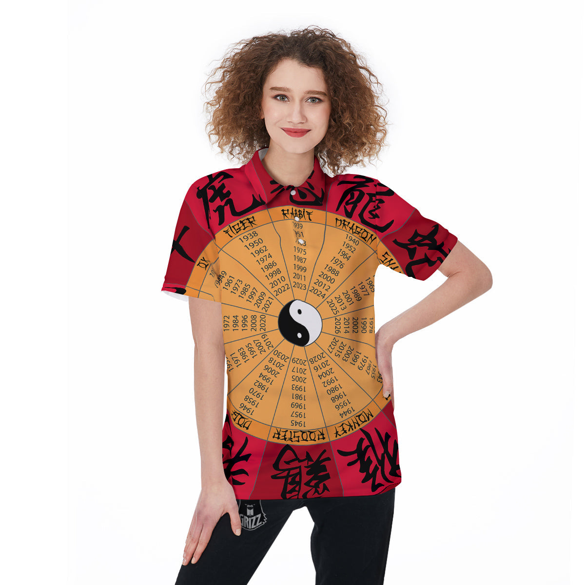 Calendar Wheel Chinese Zodiac Print Women's Golf Shirts-grizzshop