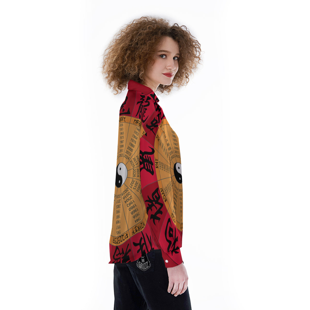 Calendar Wheel Chinese Zodiac Print Women's Long Sleeve Shirts-grizzshop