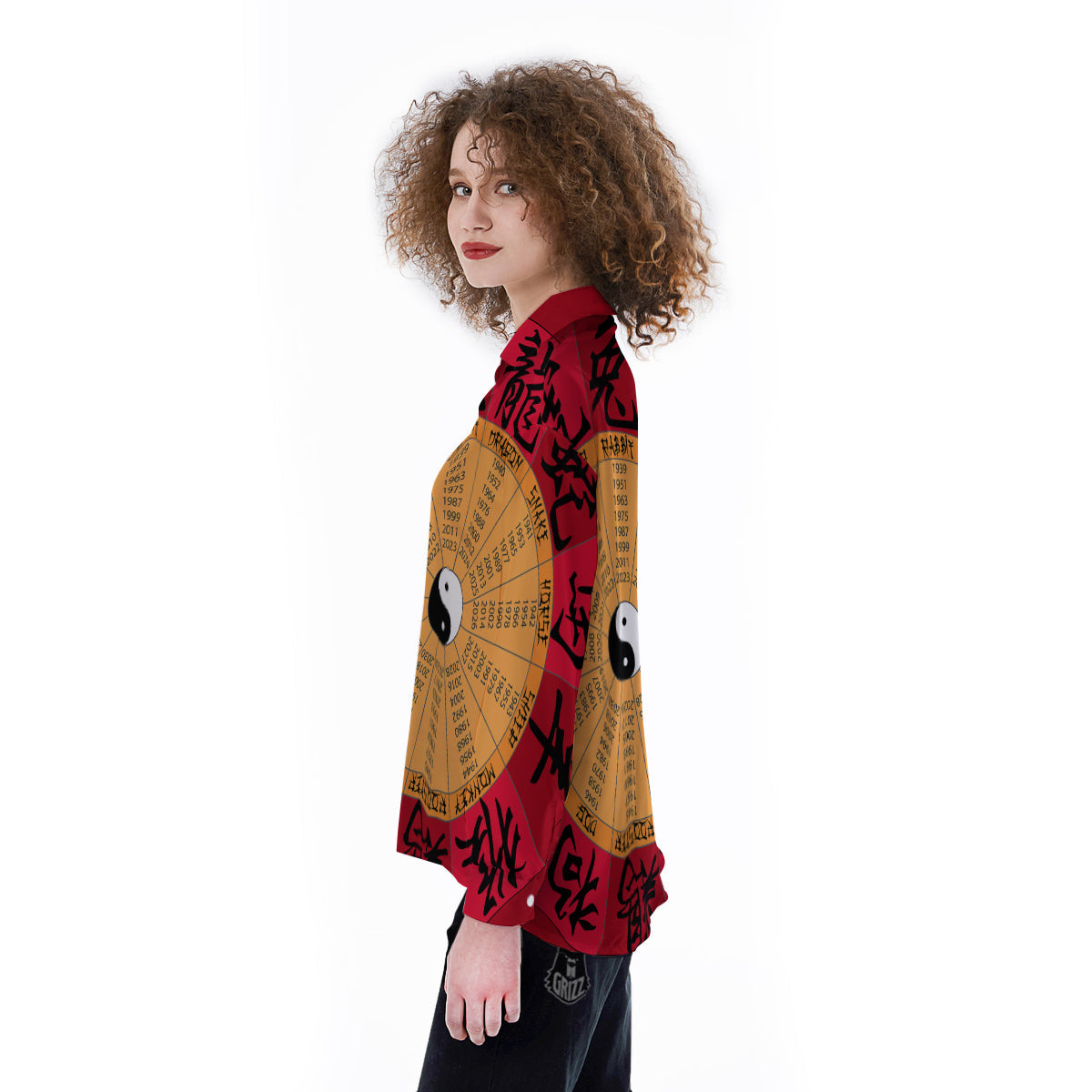 Calendar Wheel Chinese Zodiac Print Women's Long Sleeve Shirts-grizzshop