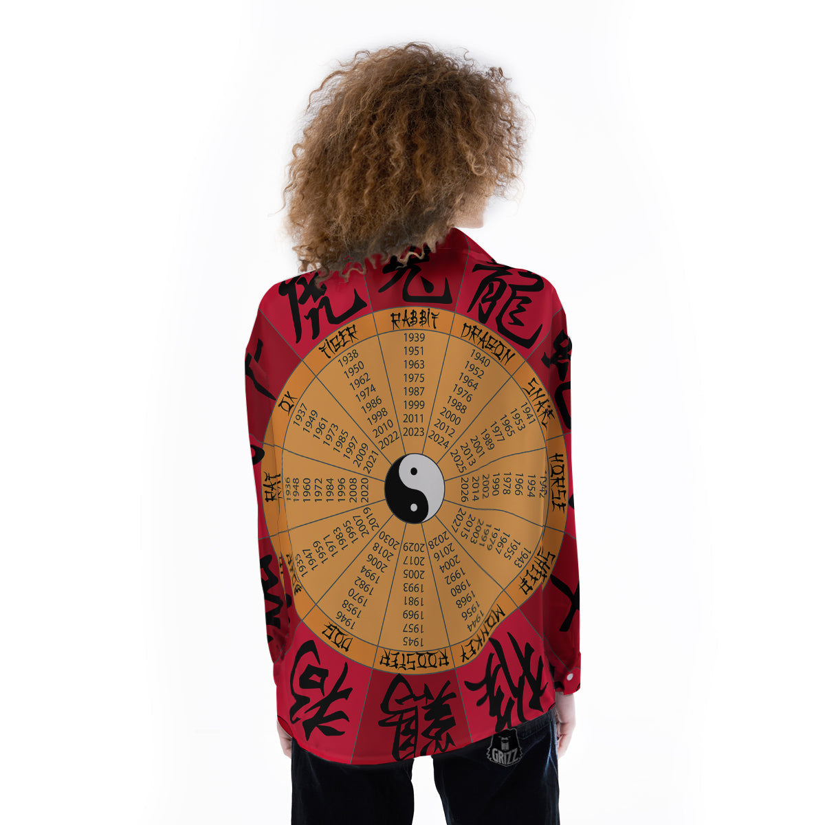 Calendar Wheel Chinese Zodiac Print Women's Long Sleeve Shirts-grizzshop
