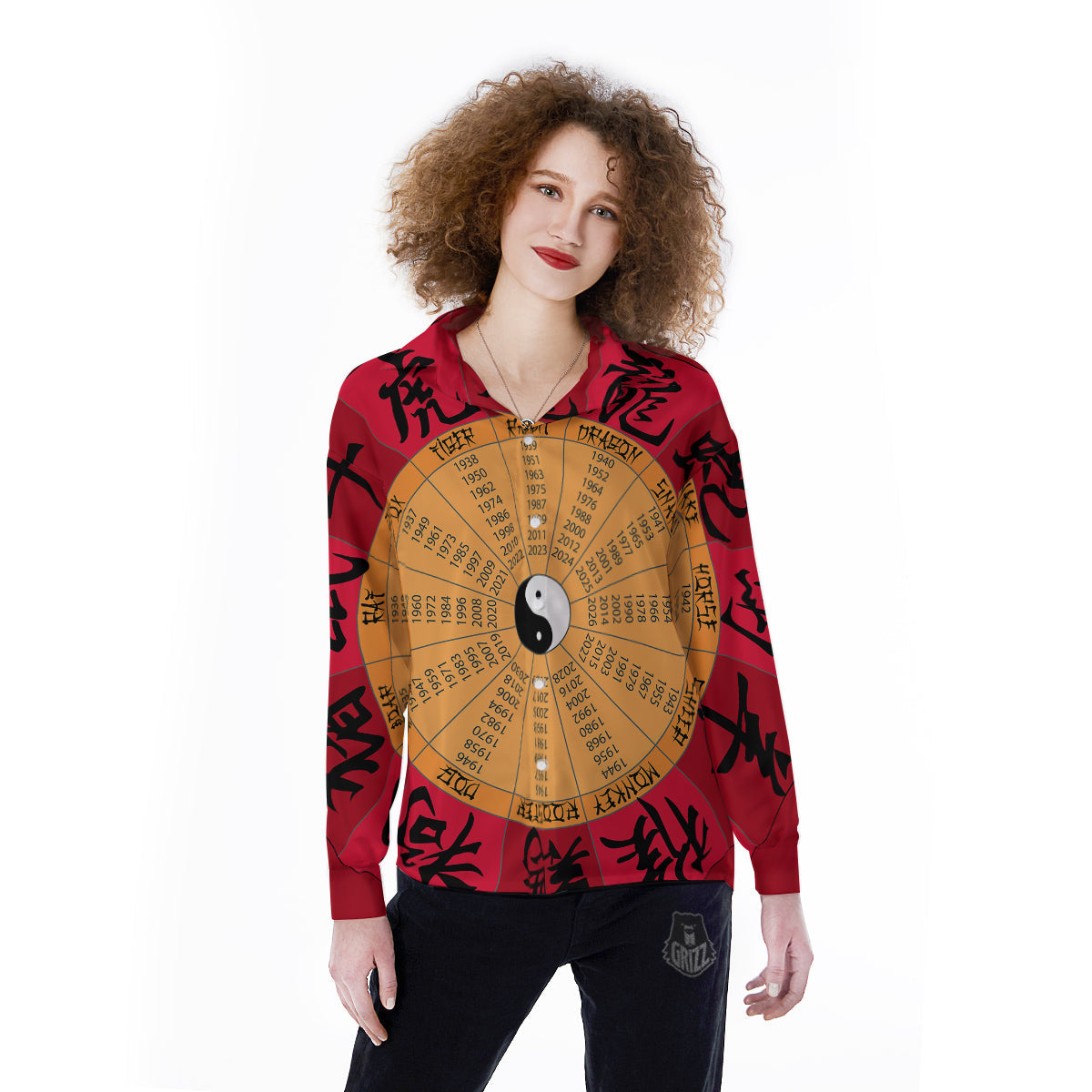 Calendar Wheel Chinese Zodiac Print Women's Long Sleeve Shirts-grizzshop