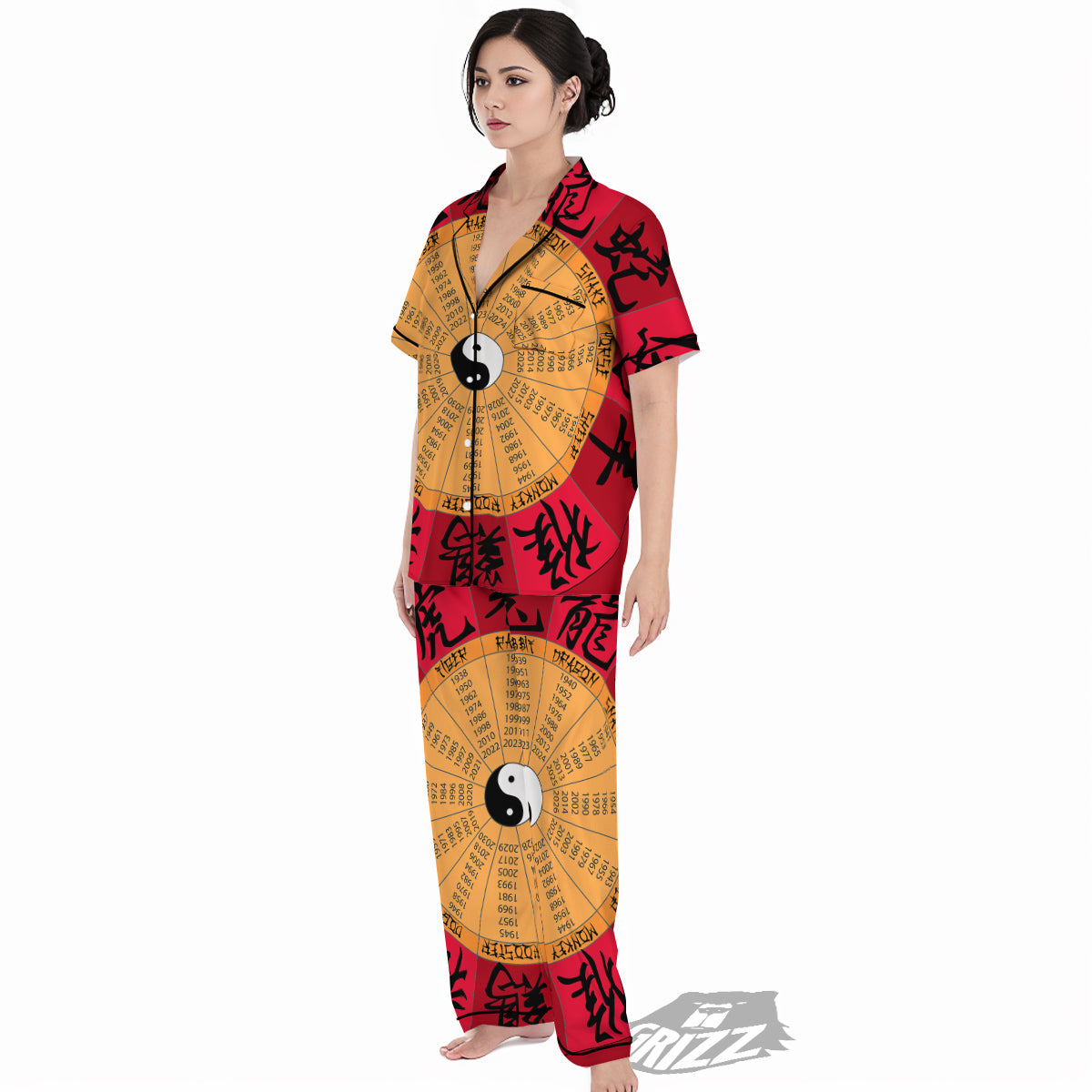 Calendar Wheel Chinese Zodiac Print Women's Pajamas Set-grizzshop