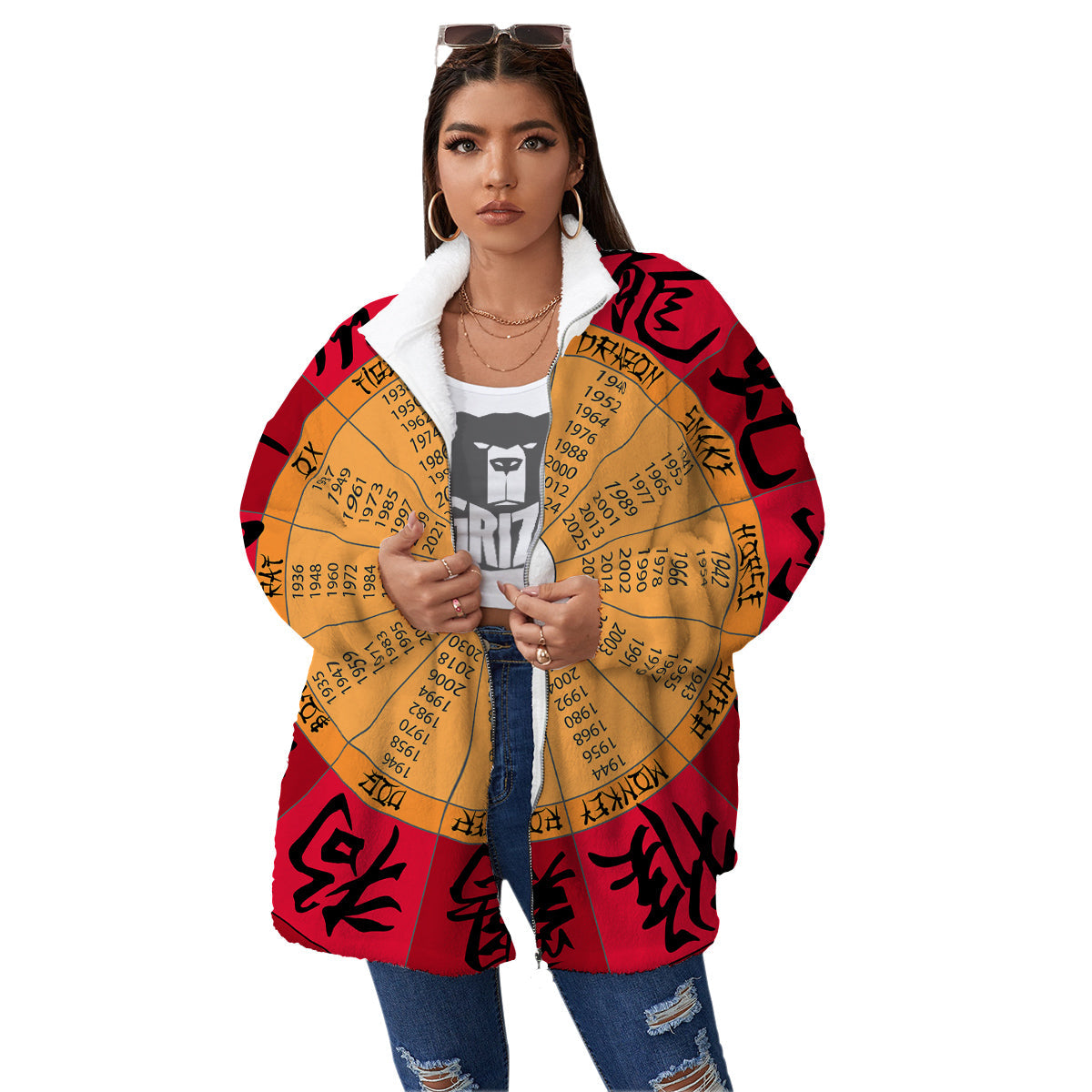 Calendar Wheel Chinese Zodiac Print Women's Sherpa Jacket-grizzshop