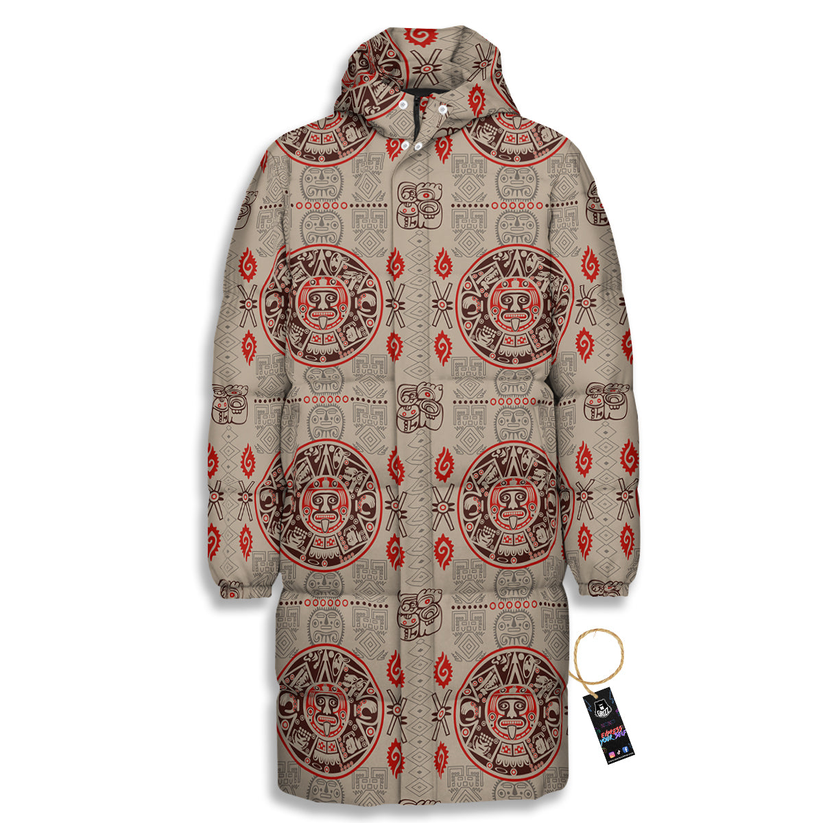 Calendar Aztec Vintagecolor Print Pattern Long Down Jacket