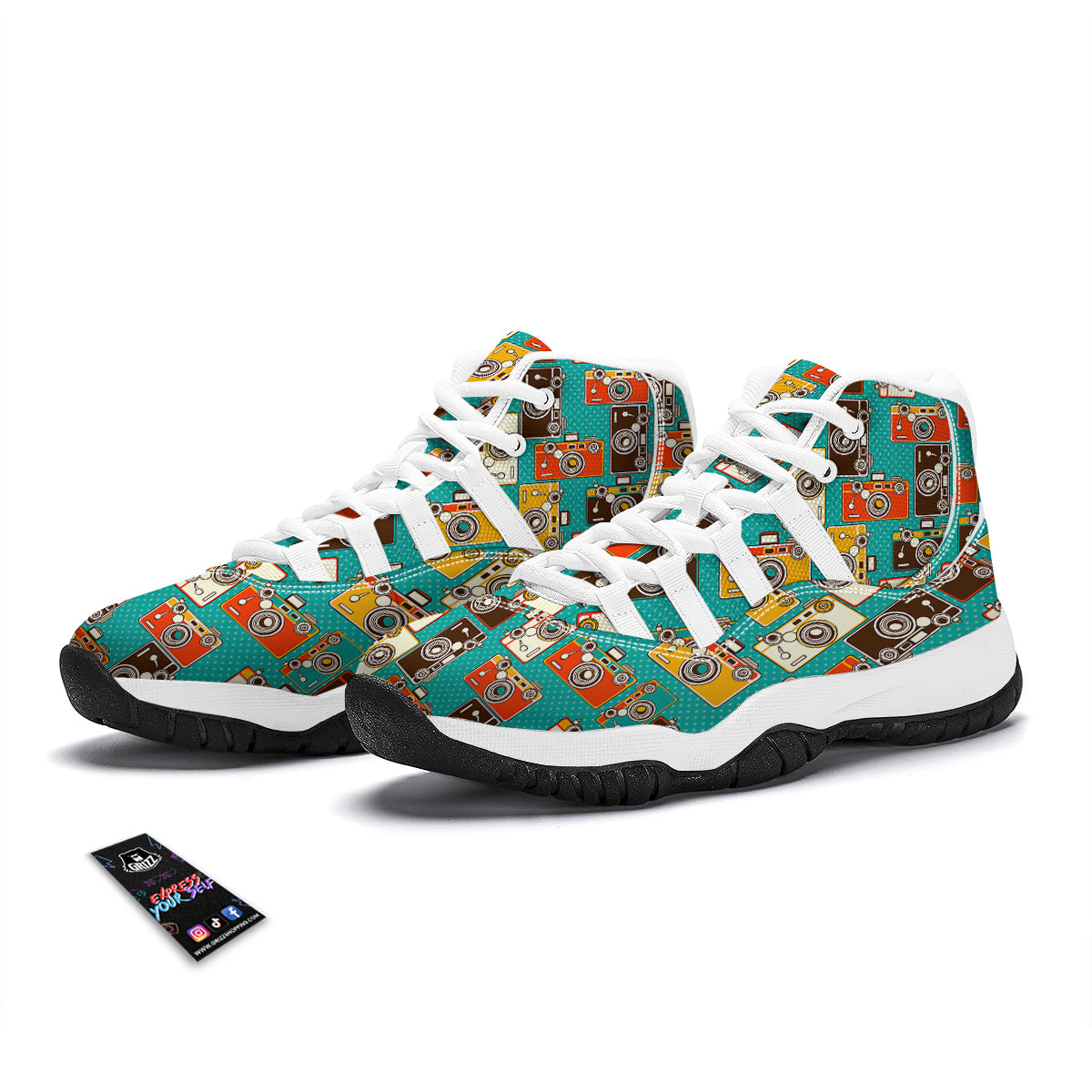 Camera Print Pattern White Bball Shoes-grizzshop