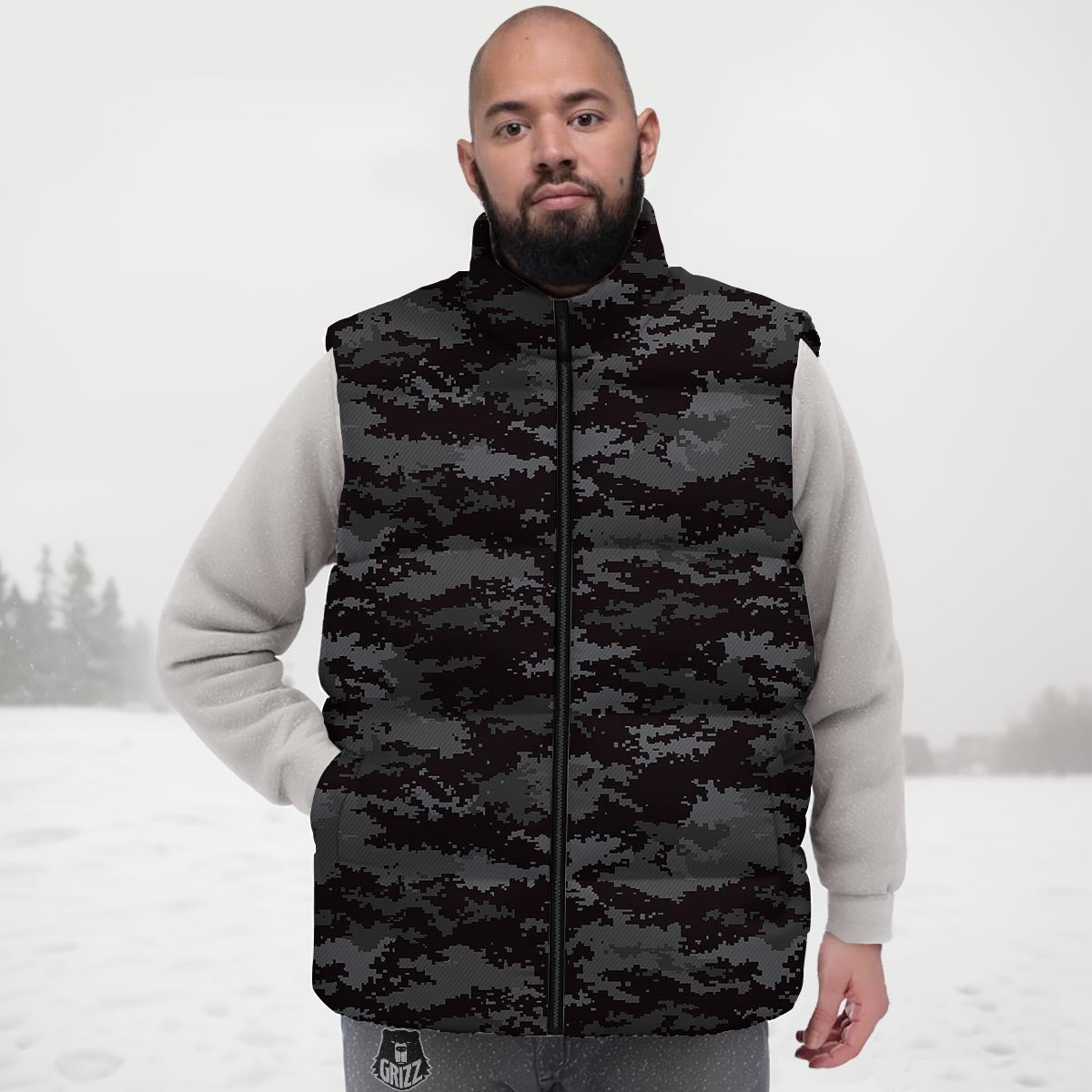 Camo Black Tan Digital Print Pattern Down Vest-grizzshop