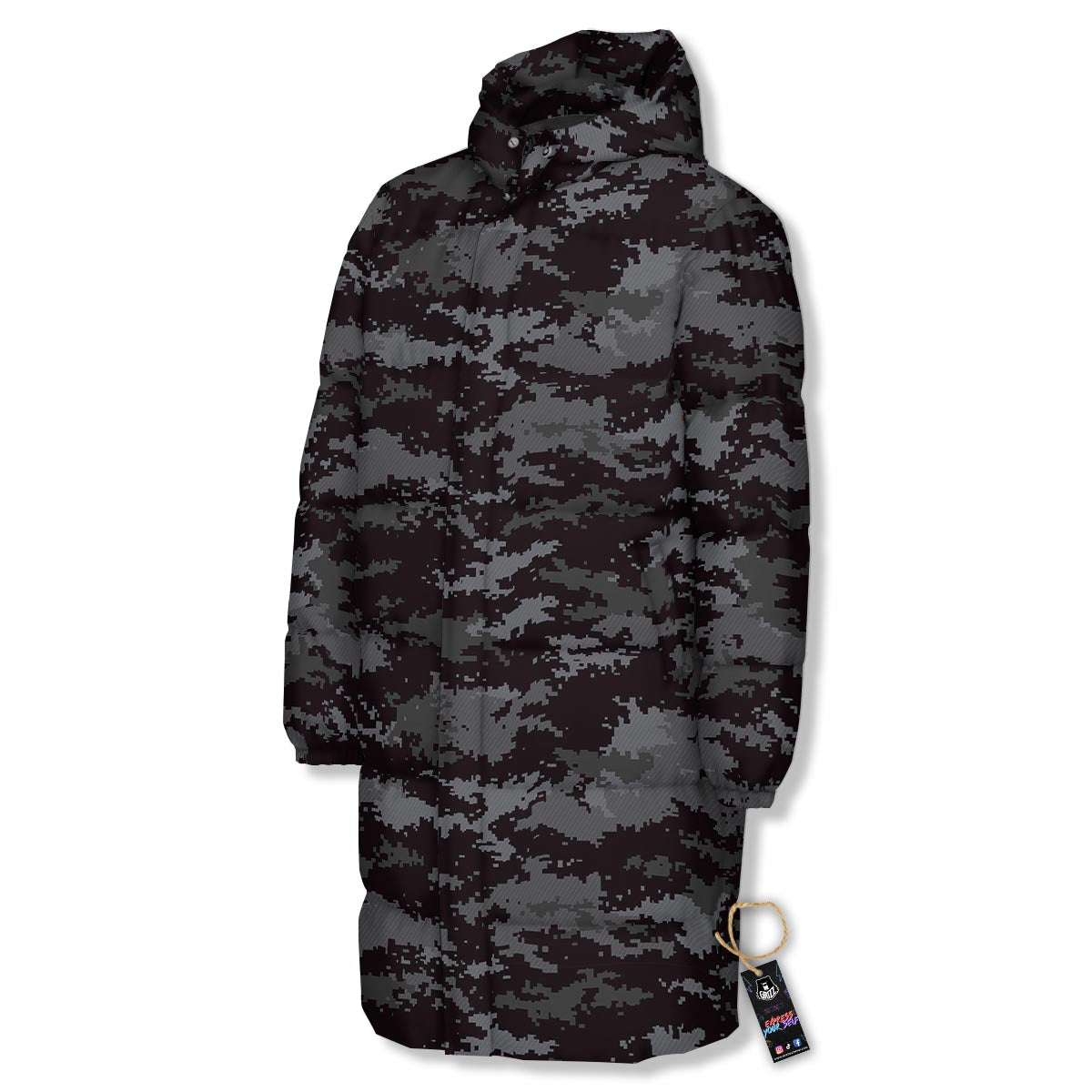 Camo Black Tan Digital Print Pattern Long Down Jacket-grizzshop