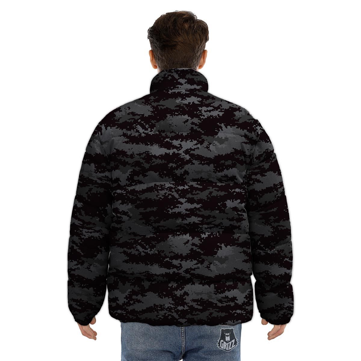 Camo Black Tan Digital Print Pattern Puffer Jacket-grizzshop
