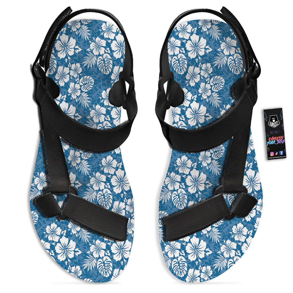 Camo Flower Aloha Hawaiian Print Pattern Black Open Toe Sandals-grizzshop