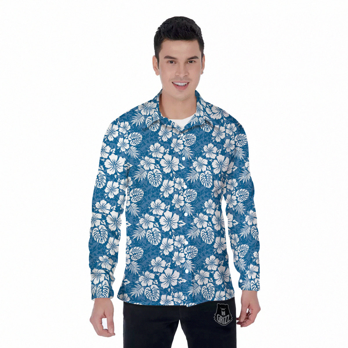 Camo Flower Aloha Hawaiian Print Pattern Men's Long Sleeve Shirts-grizzshop