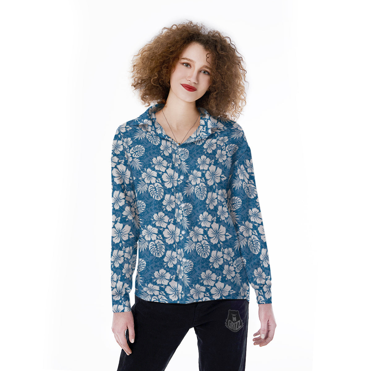 Camo Flower Aloha Hawaiian Print Pattern Women's Long Sleeve Shirts-grizzshop
