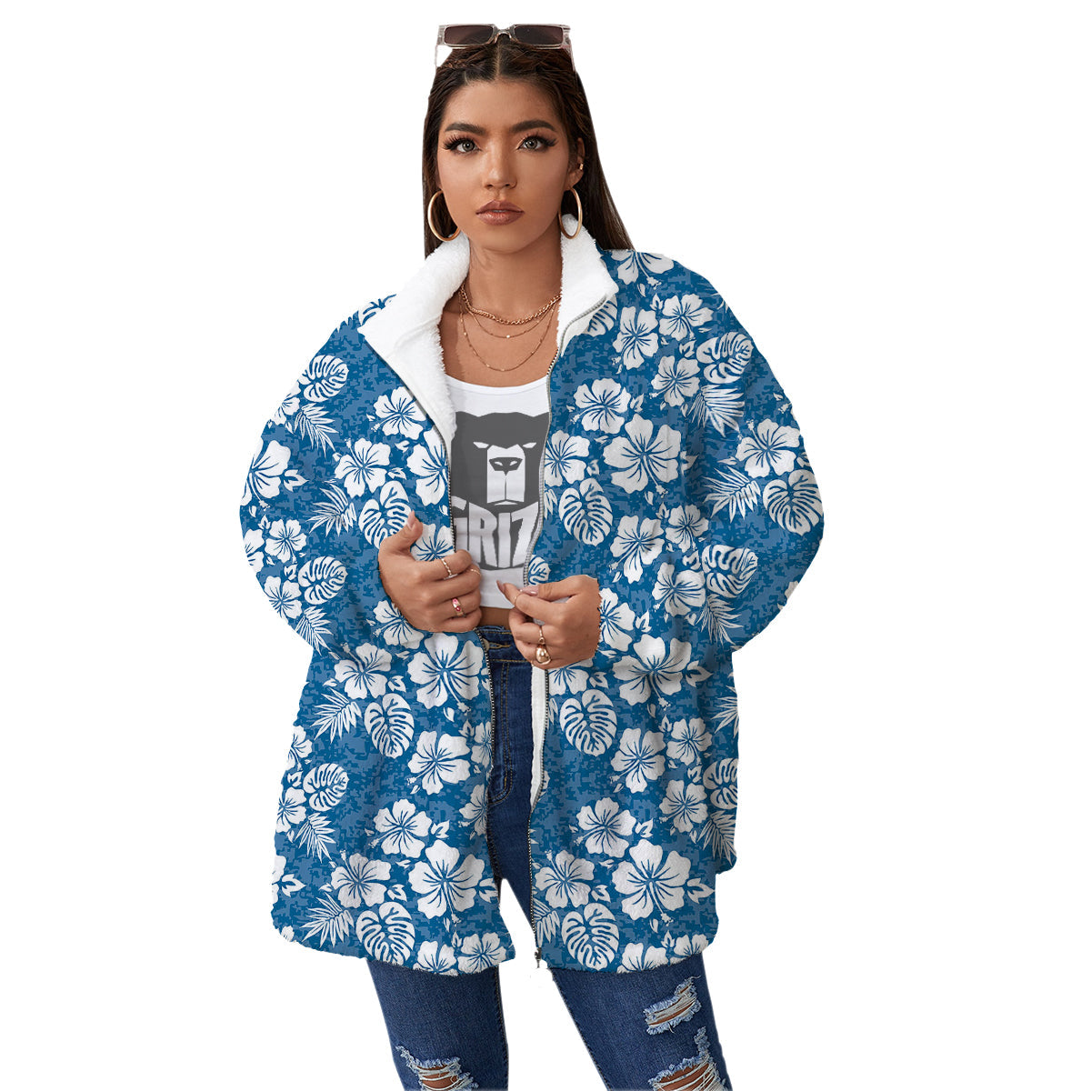 Camo Flower Aloha Hawaiian Print Pattern Women's Sherpa Jacket-grizzshop